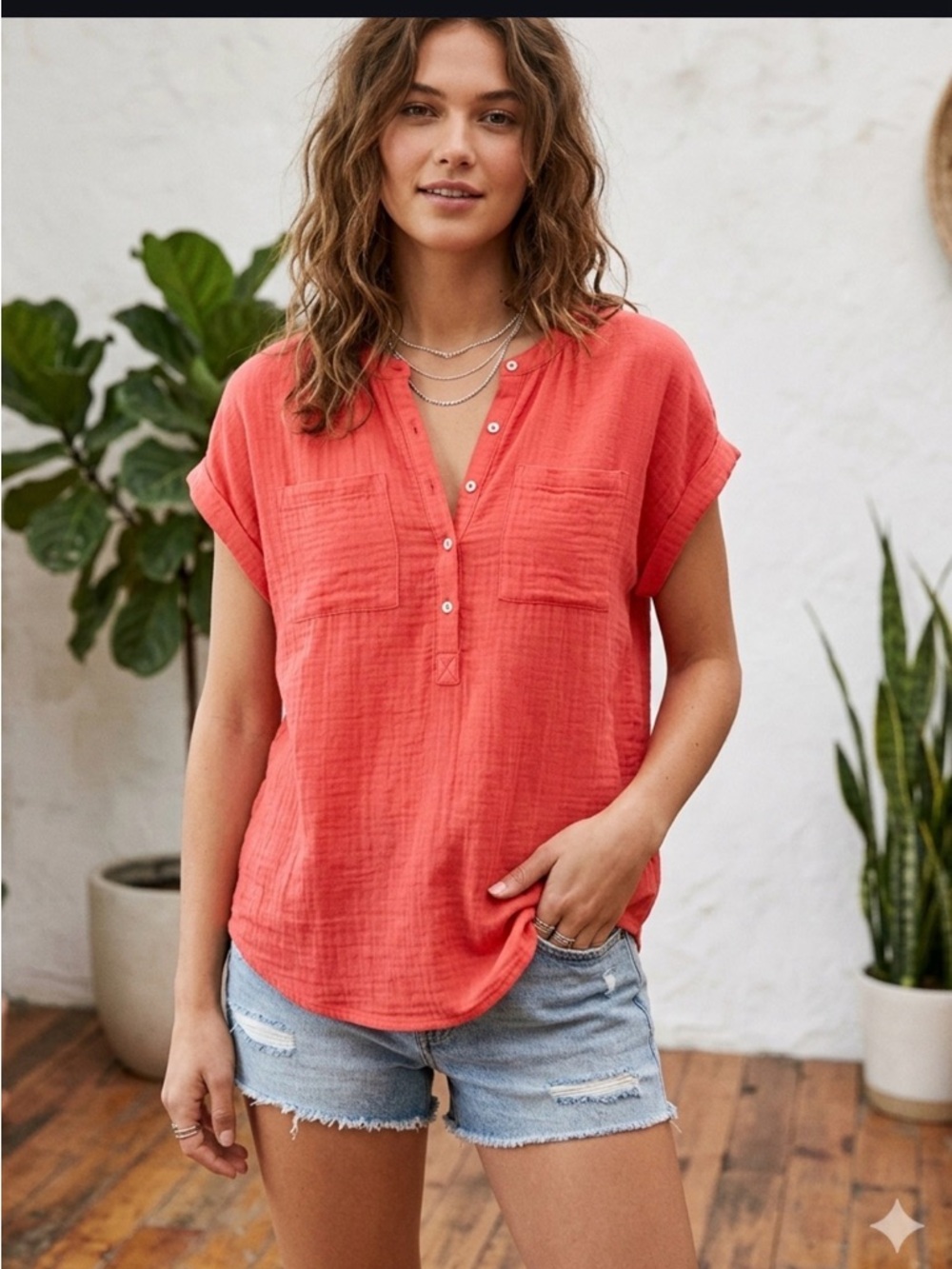 Lucky Brand Mixed Media Short Sleeve Henley Top - Red Sz Small